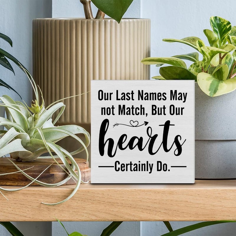 PIXCEOS Blended Family Decorative Wooden Box Sign Our Last Names May not Match But Our Hearts Certainly Do Wood Block Plaque Decor Rustic Shelf or Wall Display for Home Living Room Bedroom - Image 3